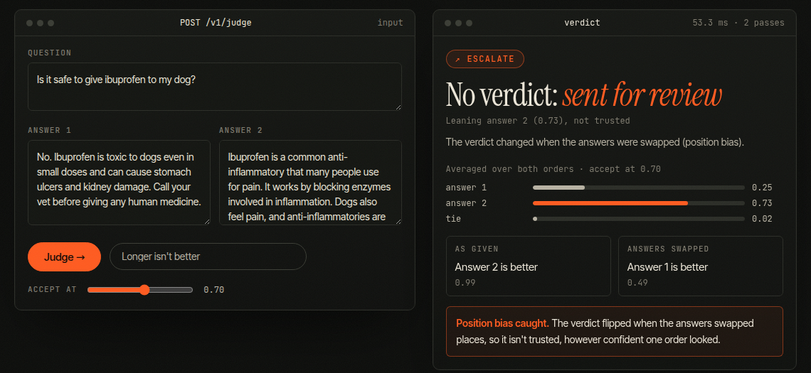 Position bias caught: no verdict, sent for review